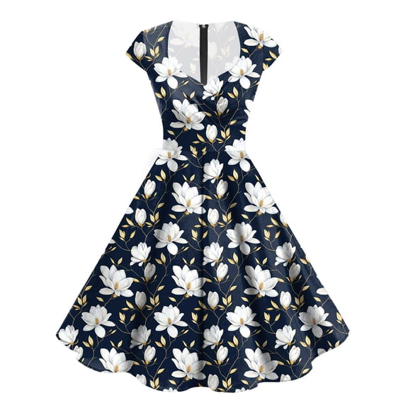 Pimfylm Women's V Neck Short Sleeve Floral Printed A Line Swing Flared Cocktail Party Midi Dress Black, M