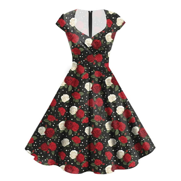 Pimfylm Women's V Neck Short Sleeve Floral Printed A Line Swing Flared Cocktail Party Midi Dress Red, M