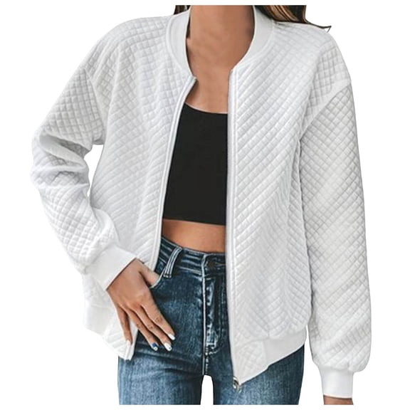 Pimfylm Women's Zip Up Textured Lightweight Bomber Jacket Casual Long Sleeve Outerwear White, L