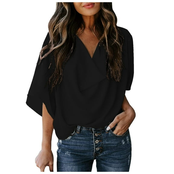 Pimfylm Womens Blouses and Tops Short Sleeve Chiffon Shirts and Tops(Black,XL)
