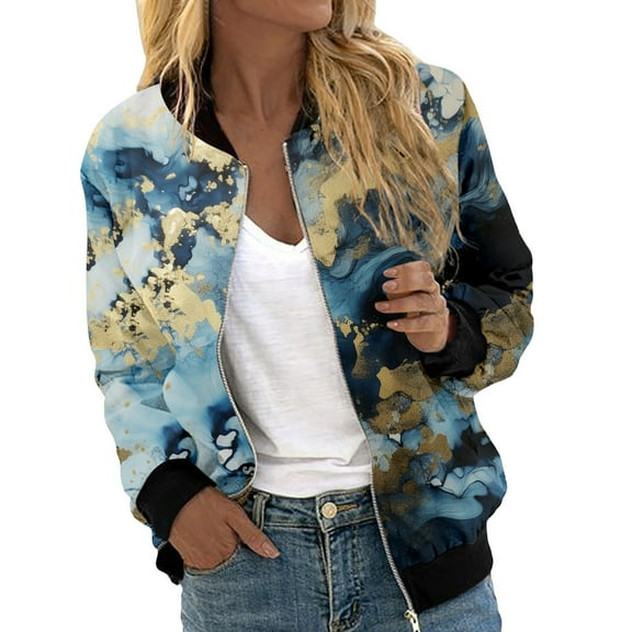 Pimfylm Womens Bomber Jacket 2025 Long Sleeve Zip Up Floral Outerwear Lightweight Loose Casual Fall Coats With Pockets Blue, S