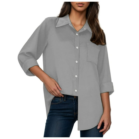 Pimfylm Womens Button Down Shirts Cotton Dress Shirts Oxford Shirts Long Sleeve Work Blouses Collared Tops Tunics with Pocket Grey, S