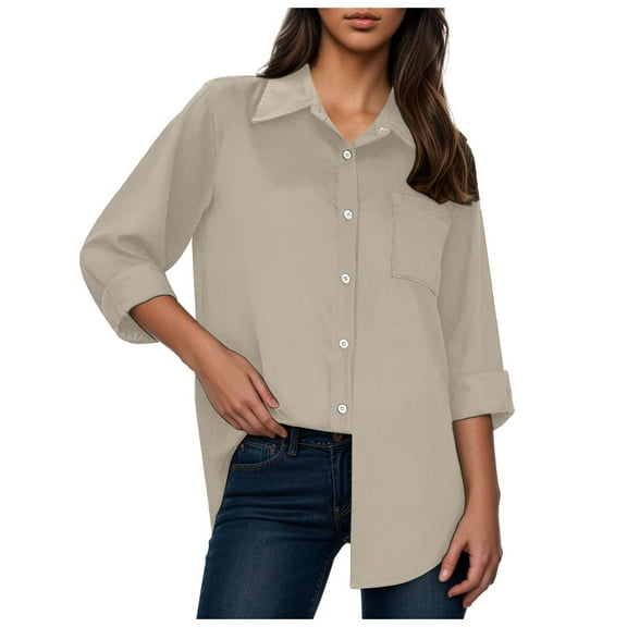 Pimfylm Womens Button Down Shirts Cotton Dress Shirts Oxford Shirts Long Sleeve Work Blouses Collared Tops Tunics with Pocket Khaki, XL