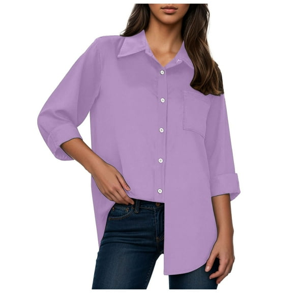 Pimfylm Womens Button Down Shirts Cotton Dress Shirts Oxford Shirts Long Sleeve Work Blouses Collared Tops Tunics with Pocket Light Purple, L