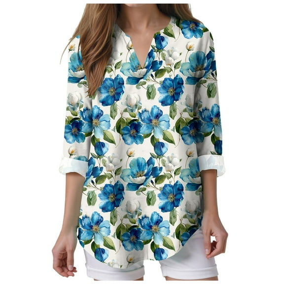 Pimfylm Womens Button Down Shirts Long Sleeve Casual V Neck Collared Tops Work Office Blouse Dark Blue, XXXXL