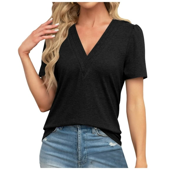 Pimfylm Womens Cap Sleeve Crop Tops Cotton V Neck T Shirt Boxy Loose Fit Short Sleeves Tee Summer Fashion Clothes 2025 Black, M