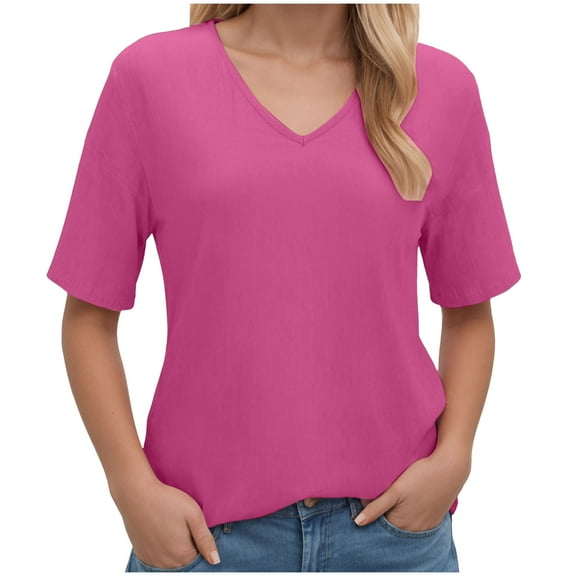Pimfylm Womens Cap Sleeve Crop Tops Cotton V Neck T Shirt Boxy Loose Fit Short Sleeves Tee Summer Fashion Clothes 2025 Hot Pink, XL
