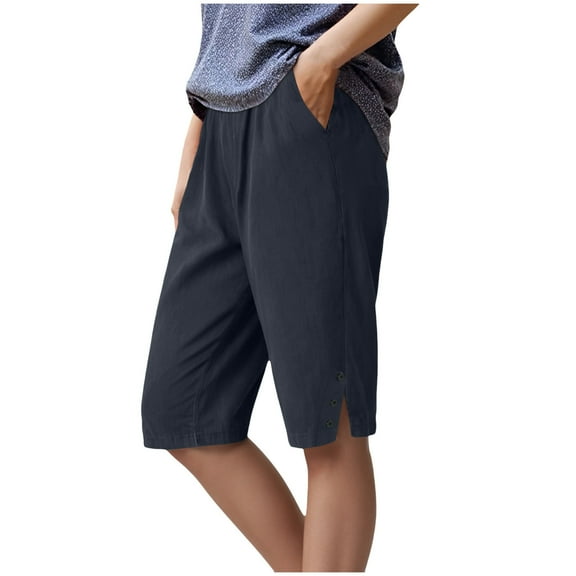 Pimfylm Womens Capri Pants 2025 Knee Length Cotton Linen Capris Summer Straight Leg Loose Beach Bermuda Shorts with Pockets Blue, M