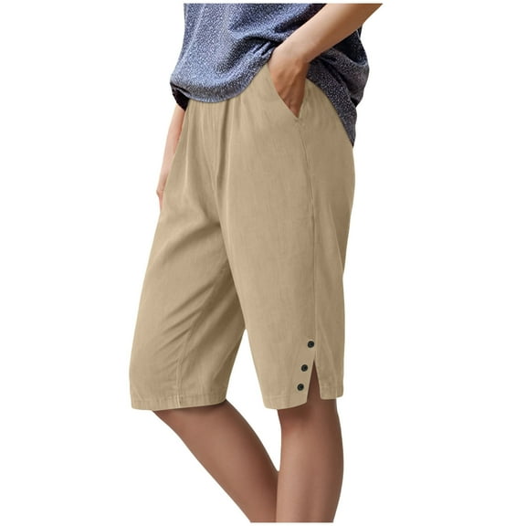 Pimfylm Womens Capri Pants 2025 Knee Length Cotton Linen Capris Summer Straight Leg Loose Beach Bermuda Shorts with Pockets Khaki, S