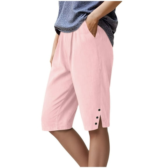 Pimfylm Womens Capri Pants 2025 Knee Length Cotton Linen Capris Summer Straight Leg Loose Beach Bermuda Shorts with Pockets Pink, XXL