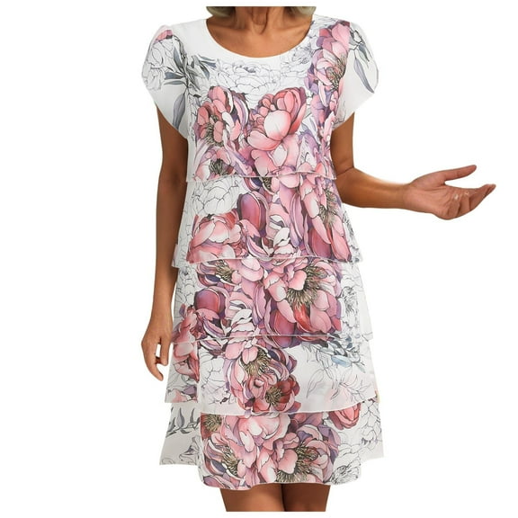 Pimfylm Womens Casual Dresses for Summer Short Sleeve Flare Midi Dress Loose Flowy Beach Sundress Pink, XXL