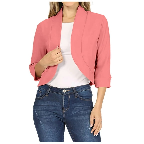 Pimfylm Womens Cropped Blazer 3/4 Ruched Sleeve Collarless Blazers Open Front Casual Work Office Cardigan Suit Jacket Red, XL