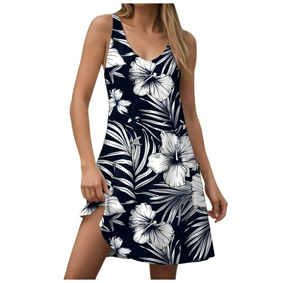 Pimfylm Womens Floral Dress Sleeveless Ruffle Mini Summer Casual Dresses Dark Blue, M