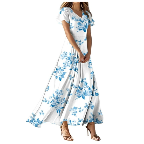 Pimfylm Womens Floral Dress Spring Summer Casual V Neck Short Sleeve Flowy Midi Beach Dress Blue, S