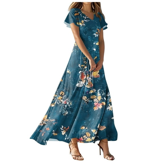 Pimfylm Womens Floral Dress Spring Summer Casual V Neck Short Sleeve Flowy Midi Beach Dress Navy, S