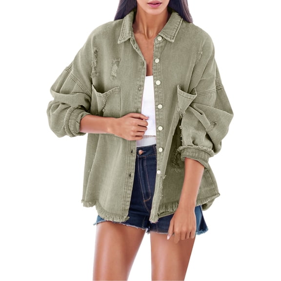 Pimfylm Womens Jean Jacket 2025 Basic Trendy Long Sleeve Denim Jackets Button Down Fitted Trucker Shacket with Pockets Green, M