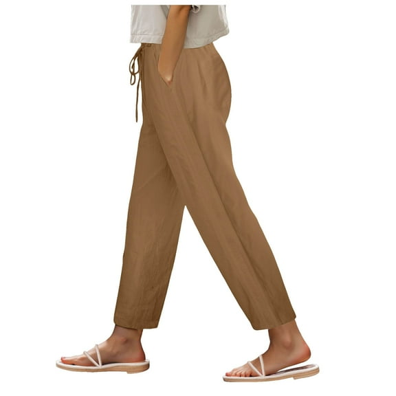 Pimfylm Womens Linen Pants High Waisted Elastic Drawstring Lounge Trousers Summer Casual Side Split Beach Pants with Pockets Coffee, S