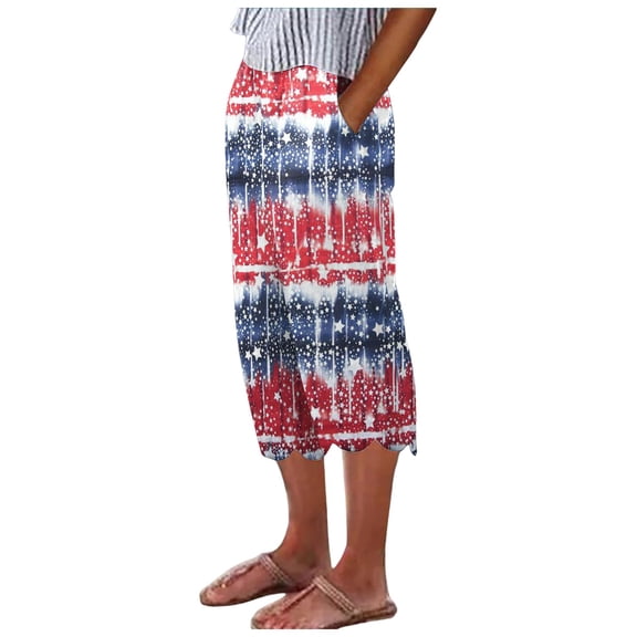 Pimfylm Womens Normal Waist Trousers Pockets Comfy Winter Cropped America Flag Pants 4th of July Loose Fit Trousers(Navy,M)