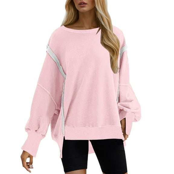 Pimfylm Womens Oversized Reverse Seam Sweatshirt Casual Long Sleeve Pullover Tops Lightweight Loose Crewneck Sweatshirts Pink, XXL