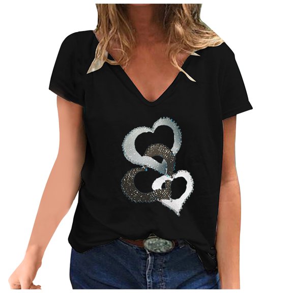 Pimfylm Womens Plus Size Tops Casual Print Short Sleeve V-Neck with Button Loose Tops T-Shirt Blouse(Black,3XL)