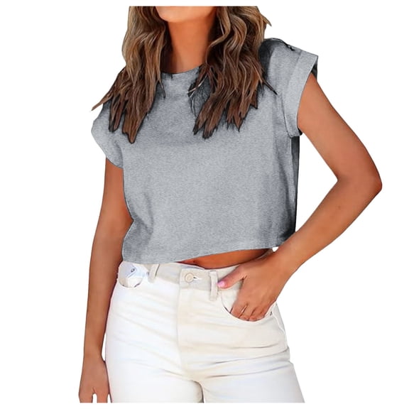 Pimfylm Womens Short Sleeve Cropped T-Shirts Summer Rolled Dolman Sleeve Crop Tops Casual Round Neck Solid Short Basic Tees Grey, S