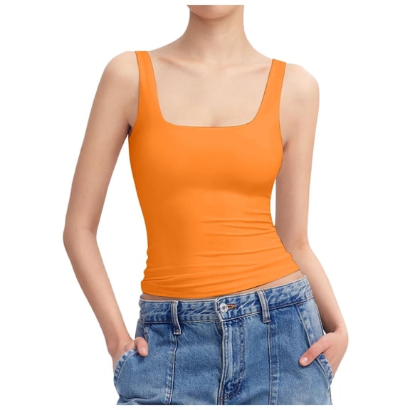 Pimfylm Womens Square Neck Tank Top Sleeveless Summer Basic Tops Sharp Collection(Orange,XS)
