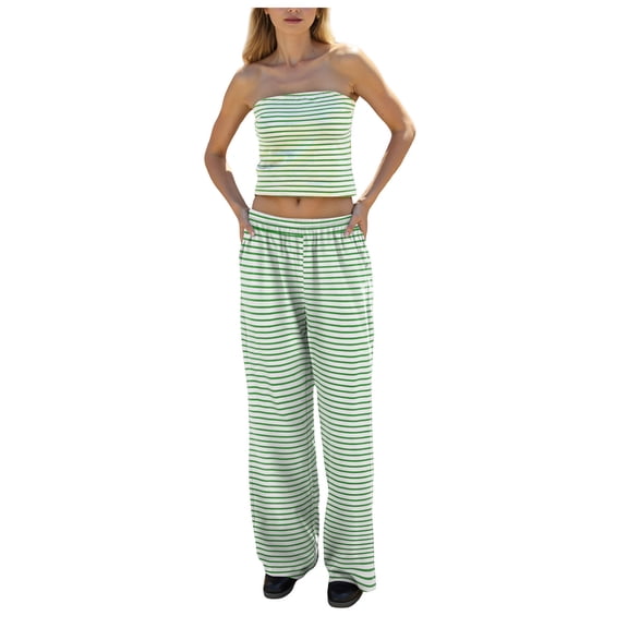 Pimfylm Womens Striped Two Piece Sets Summer Lounge Outfits Sailor Tube Top and Pants Matching Set Beach Vacation Travel Y2k Light Green, S