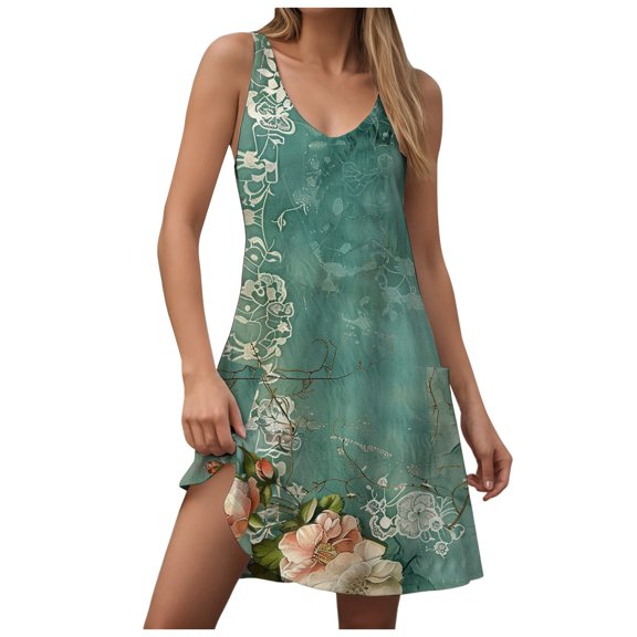 Pimfylm Womens Summer Dresses 2025 V Neck Sleeveless Sundresses with Pockets Beach Vacation Clothes Floral/Plain Light Green, L