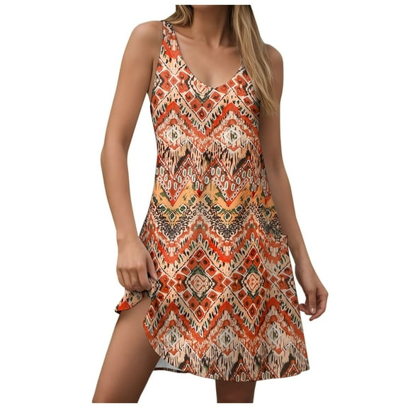 Pimfylm Womens Summer Dresses 2025 V Neck Sleeveless Sundresses with Pockets Beach Vacation Clothes Floral/Plain Orange, XXXL