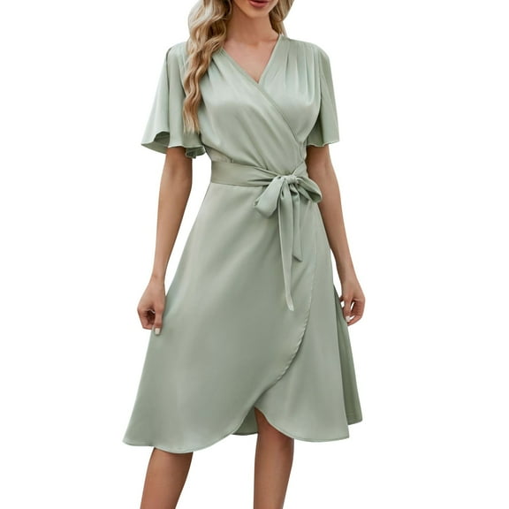 Pimfylm Womens Summer Satin Wrap Casual Dress V Neck Flared Sleeve Tie Front Waist Elegant Dress Green, L
