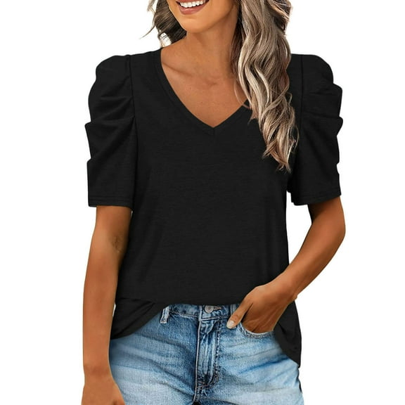 Pimfylm Womens Summer Shirt V Neck Casual Tshirts Puff Sleeve Tops for Women Solid Color XS-3XL Black, L