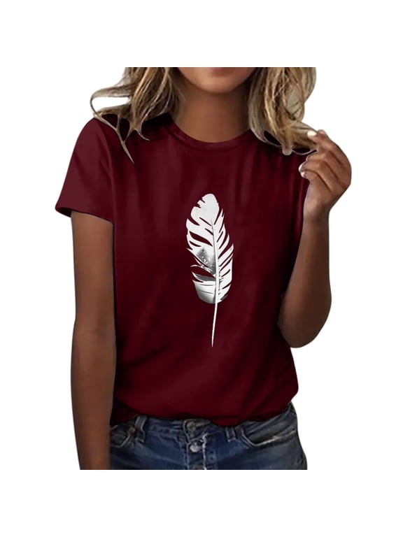Womens Summer Top Casual Feather Print T Shirt Fashion Loose Short Sleeve S