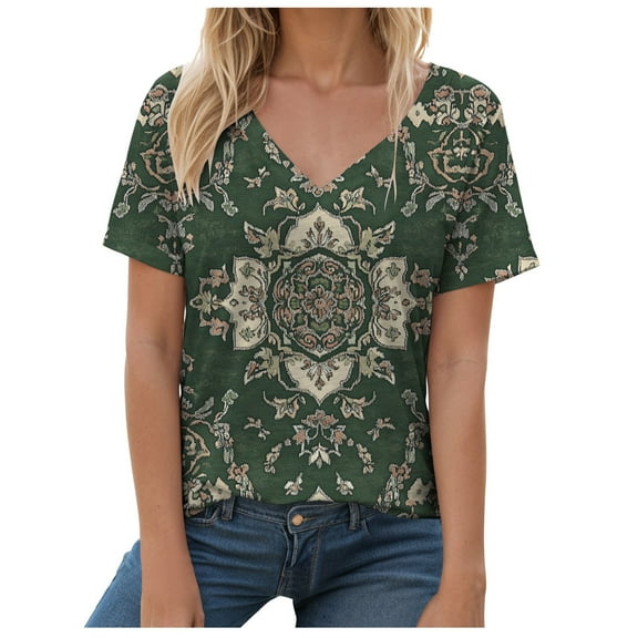 Pimfylm Womens Summer Tops 2025 V Neck Short Sleeve Shirts Trendy Dressy Casual Vacation Outfits Printed AG, XL