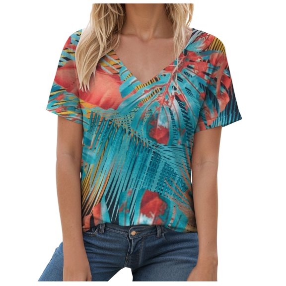 Pimfylm Womens Summer Tops 2025 V Neck Short Sleeve Shirts Trendy Dressy Casual Vacation Outfits Printed Blue, S