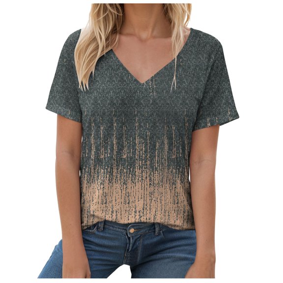 Pimfylm Womens Summer Tops 2025 V Neck Short Sleeve Shirts Trendy Dressy Casual Vacation Outfits Printed Bronze, XXL