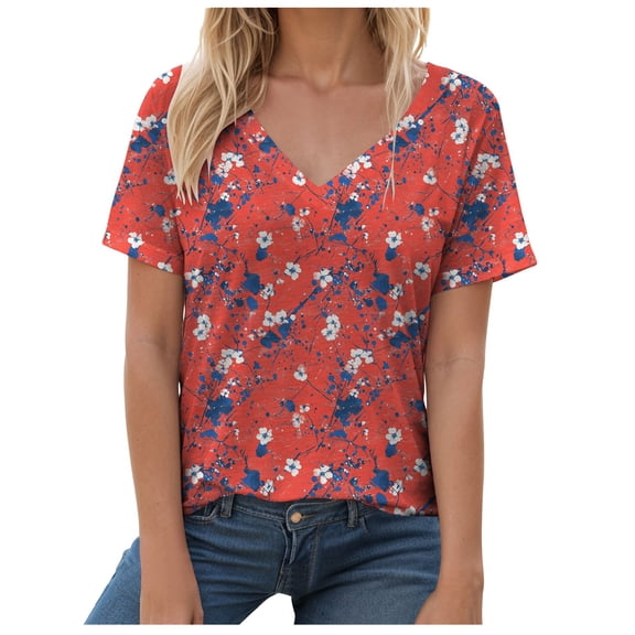 Pimfylm Womens Summer Tops 2025 V Neck Short Sleeve Shirts Trendy Dressy Casual Vacation Outfits Printed Red, XL