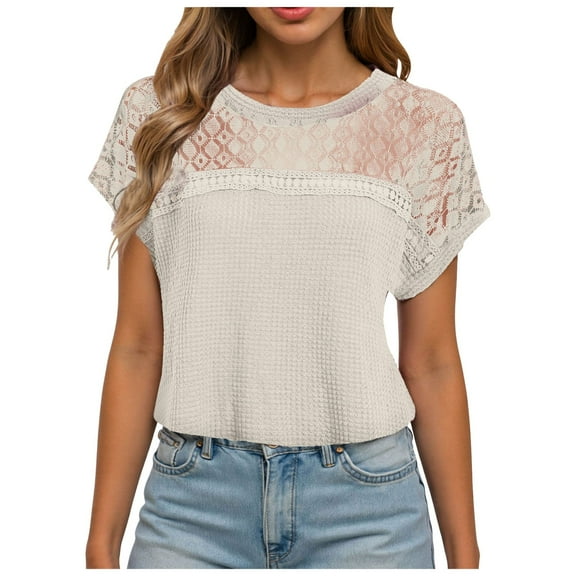 Pimfylm Womens Summer Tops Spring Shirts Trendy Vacation Outfits Short Sleeve Business Tshirts Fashion Casual Blouses Beige, M