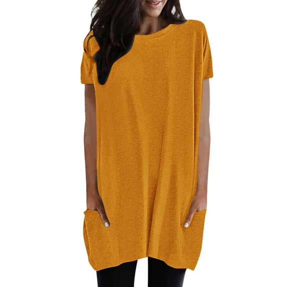 Pimfylm Womens Summer Tops, Womens T Shirts Short Sleeve Pleated Dressy Casual Scooped Neck Summer Tops Blouses(Yellow,XXL)