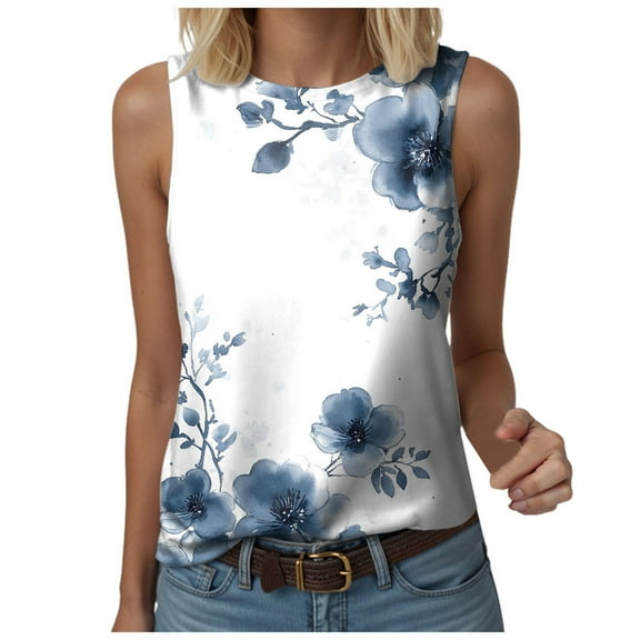 Pimfylm Womens Tank Tops Summer Casual Crew Neck Sleeveless Top Loose Fit Basic Tunic Shirts Blue, S