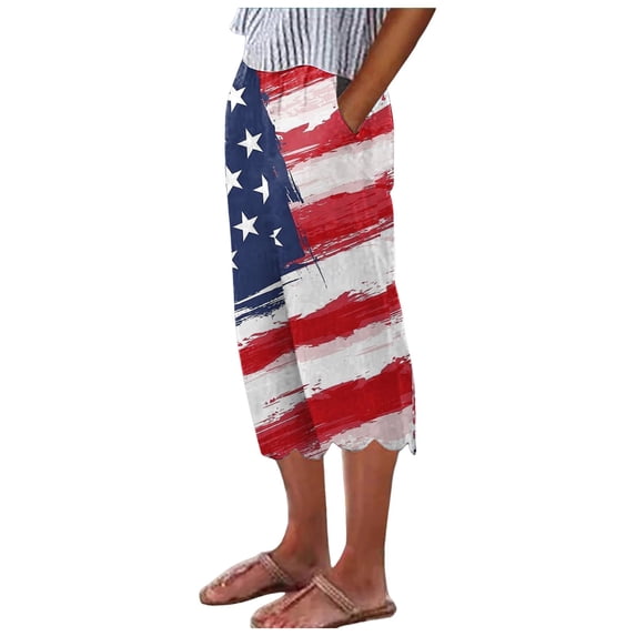 Pimfylm Womens Trouser 4th of July Pant for Women Elastic High Rise Stars and Stripes Print Pants(Red,S)