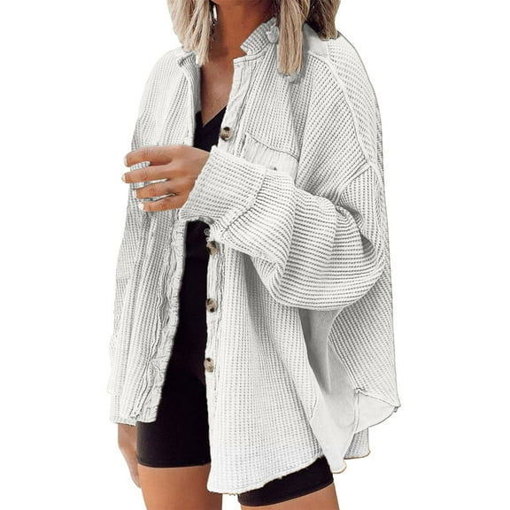 Pimfylm Womens Waffle Knit Shacket Oversized Button Down Shirt Jacket Lightweight Fall Outfits Clothes White, XL