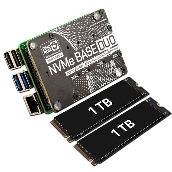 AAAwave NVMe Base Duo M.2 HAT PCIe Extension w/ (2-Pack) of 1 TB M.2 2280 Internal Solid State Drive SSD