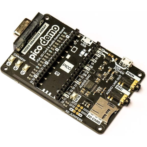 Pimoroni PIM465 Pico VGA Demo Base RP2040 chip on the Raspberry Pi Pico ,VGA output, an SD card slot, digital I2S audio
