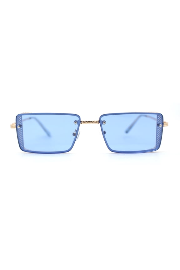 Pimp Luxury Rectangle Metal Jewel Side Visor Fashion Sunglasses Gold Blue