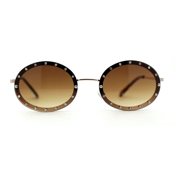 Pimp Rhinestone Frame Oval Rimless Metal Rim Sunglasses Gold Brown