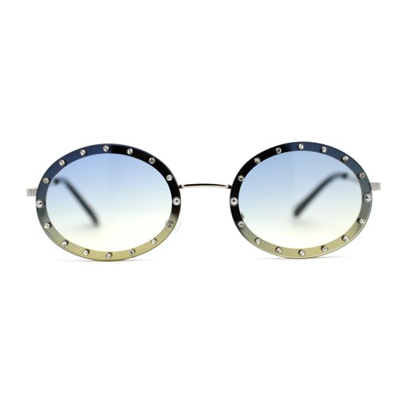 Pimp Rhinestone Frame Oval Rimless Metal Rim Sunglasses Silver Blue Yellow