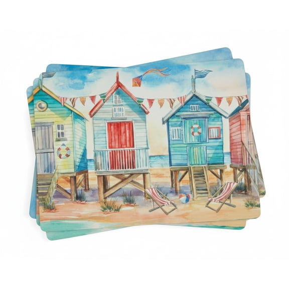 Pimpernel Beach Huts Placemats, Set of 4 - Durable Table Mats with Cork Back, Heat & Stain Resistant for Dining, Kitchen, Entertaining & Coastal Summer Style & Table Dcor (12" x 16")