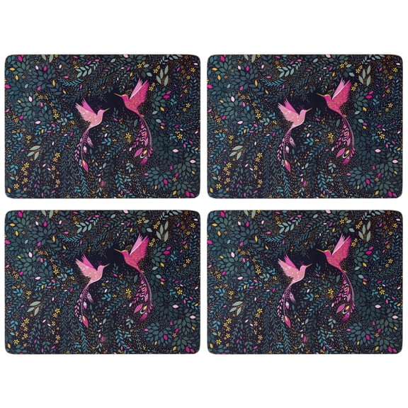 Pimpernel Hummingbird Paradise Large Placemats, India Collection, Set of 4 (12" x 9") Rectangular MDF Table Mats with Cork Backing, Vibrant Blue & Pink Bird Design with Gold Leaves