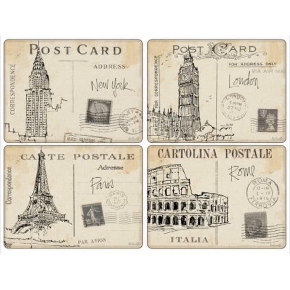 Pimpernel Postcard Sketches Cork-Backed Board Placemats, 15.7" X 11.7", Set of 4,