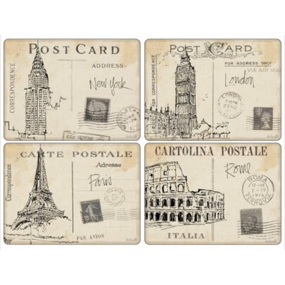 Pimpernel Postcard Sketches Cork-Backed Board Placemats, 15.7" X 11.7", Set of 4,
